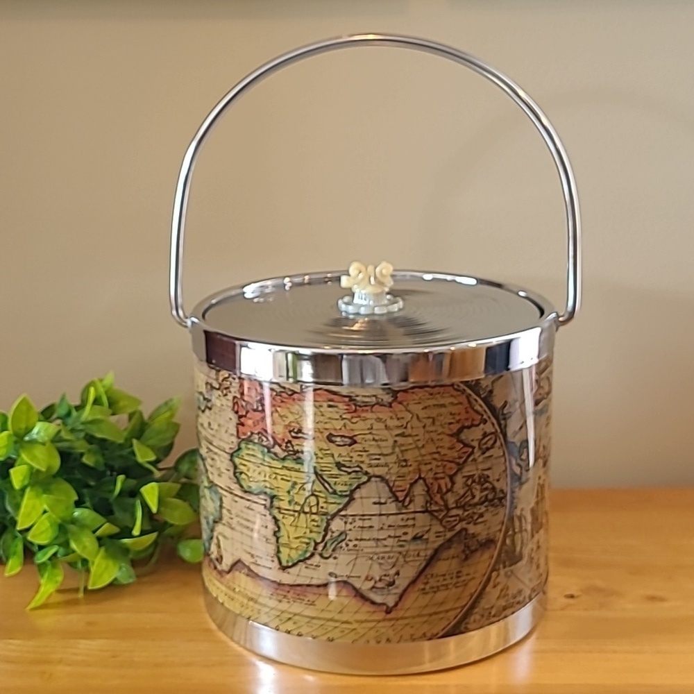 VINTAGE Old World Map Atlas Design Ice Bucket, Made in Japan